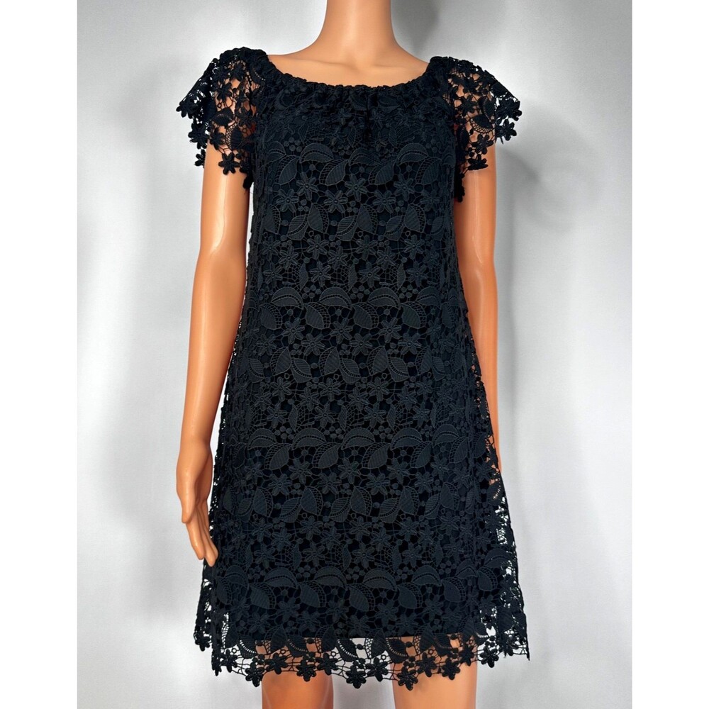 Lauren Ralph Lauren Black Lace Floral Shift Dress Off Shoulder Crochet Size 0